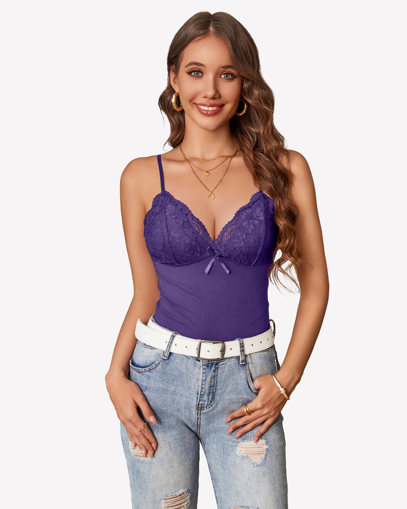 Purple lace cami top Y2k bralette with spaghetti straps, jeans, stylish casual wear.
