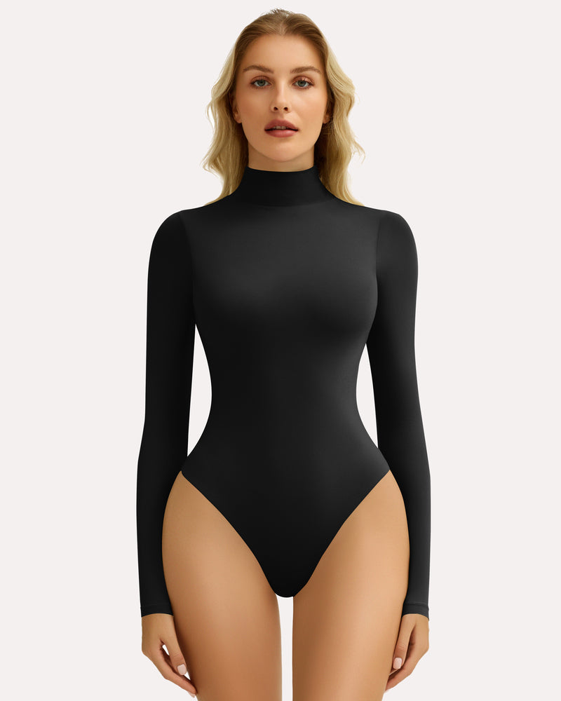Black high-neck long sleeve bodysuit shapewear, providing a smooth and flattering silhouette.