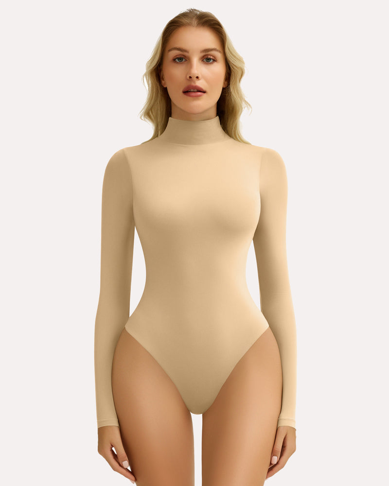 Beige high-neck long sleeve shapewear bodysuit with snap closure, smooth fit.