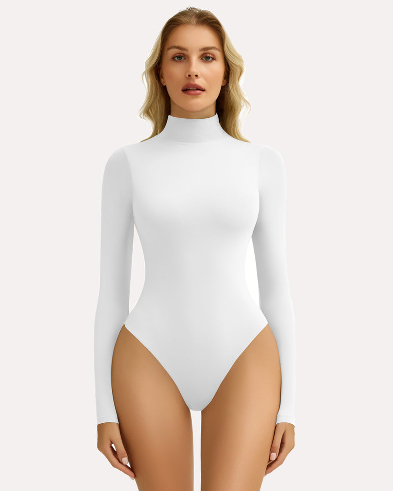 White high-neck long sleeve bodysuit shapewear for women. Smooth fit, flattering silhouette.
