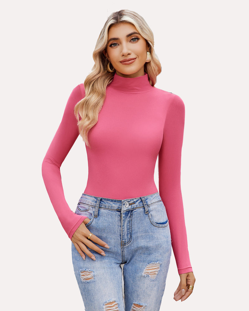 Pink high neck long sleeve bodysuit shapewear, a flattering and stylish outfit.