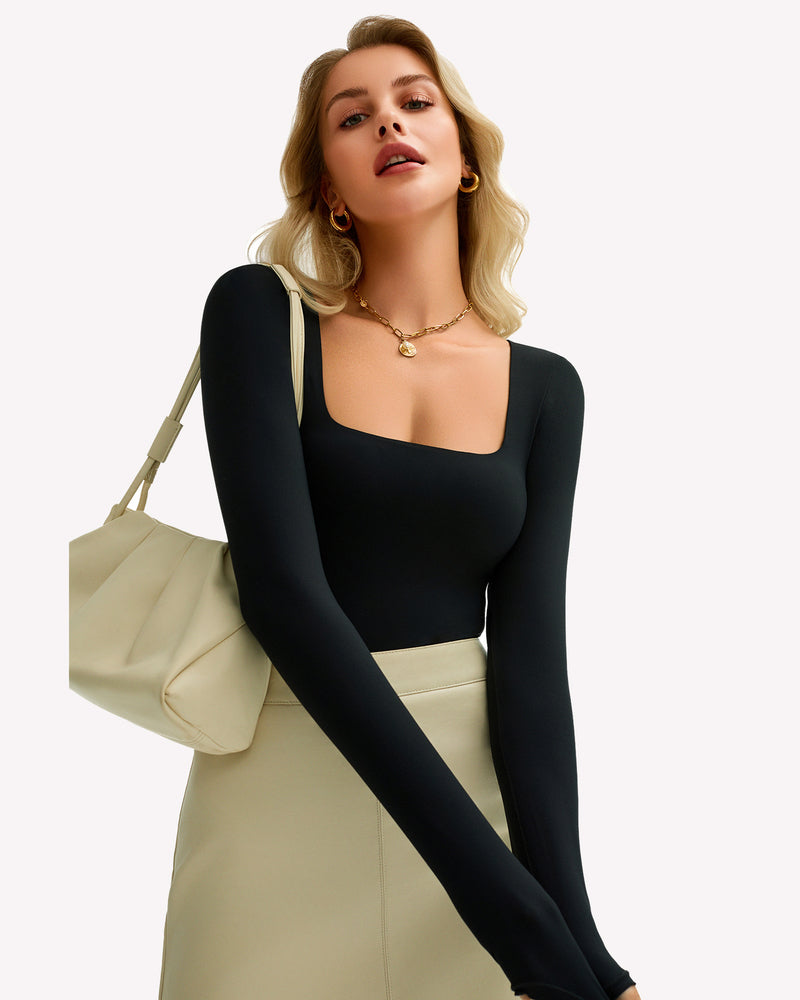 Black square neck bodysuit, stretchy, shows bodyline, comfortable. Avidlove lingerie.