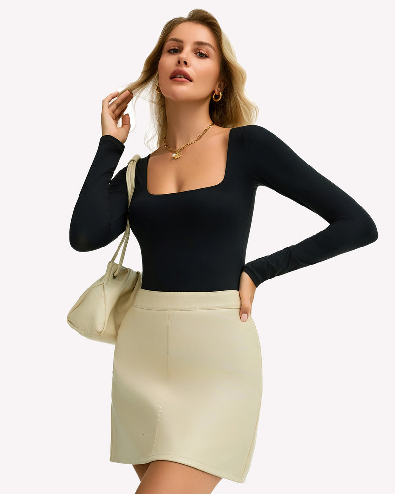 Black square neck bodysuit, stretchy and form-fitting, shows bodyline, soft, comfortable.