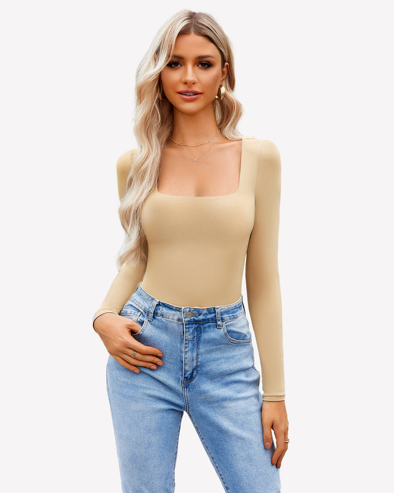 Beige square neck bodysuit, form-fitting, shows bodyline. Perfect for layering with jeans.