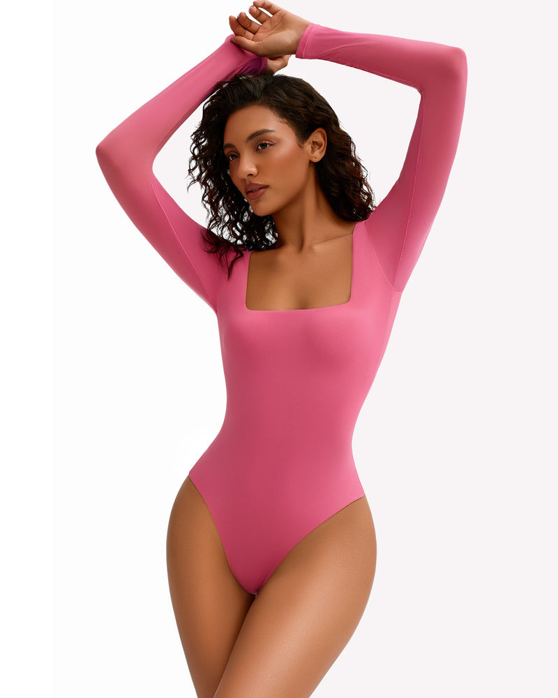 Fuchsia pink square neck long sleeve bodysuit, ultra-stretchy design shows bodyline