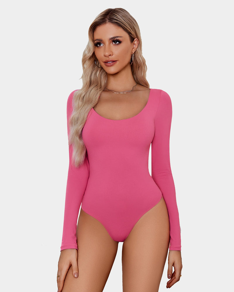 Pink scoop neck bodysuit shapewear, long sleeve, ultra soft, stretchy, flattering fit for women.
