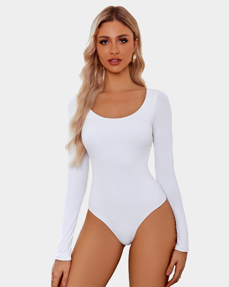 White scoop neck bodysuit shapewear, ultra-soft, stretchy, flattering fit, going out top.