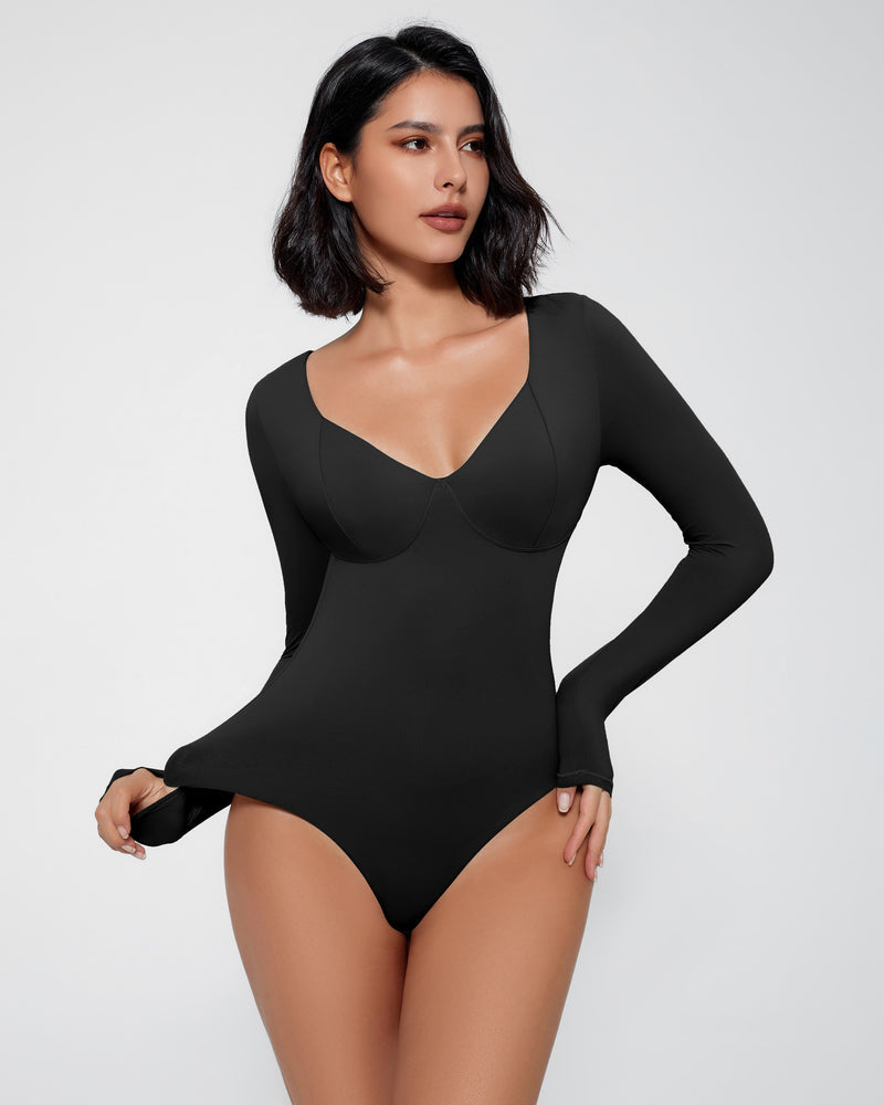 Black bodysuit shapewear with long sleeves, V-neck, and tummy control for a flattering figure.