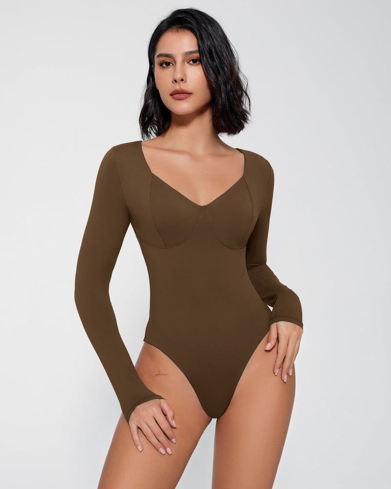 Brown double-lined bodysuit shapewear with long sleeves and V-neck for tummy control
