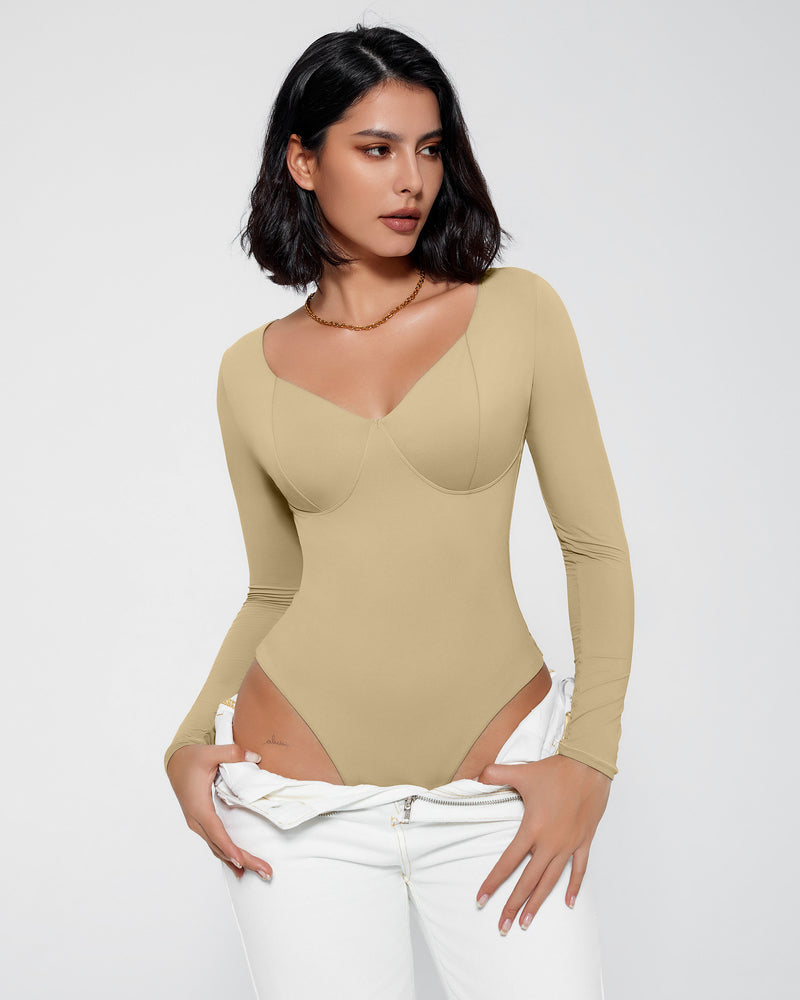 Tan long sleeve bodysuit shapewear, V-neck, tummy control, flattering fit, multiple occasions.
