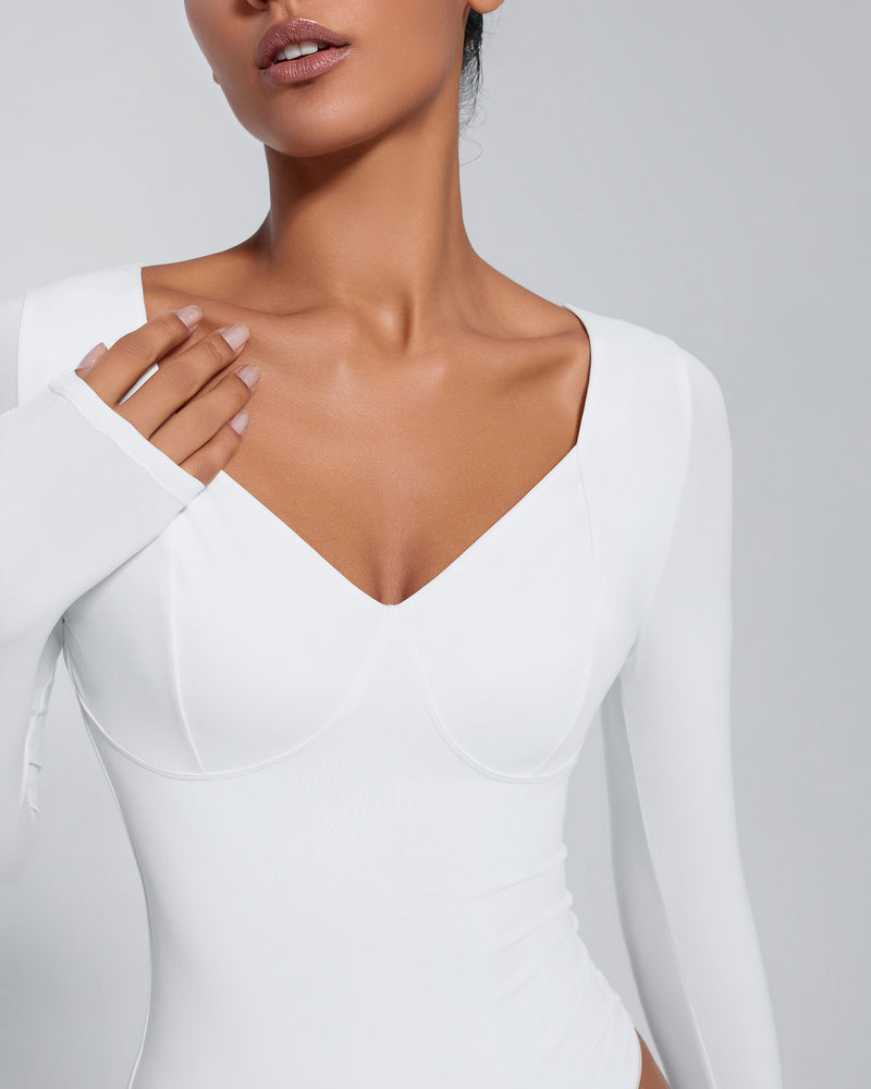 White long sleeve bodysuit with deep V-neck, tummy control shapewear, flattering fit.