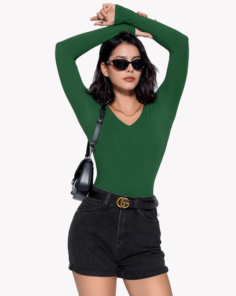 Emerald green long sleeve V-neck bodysuit, double-lined shapewear for curve enhancement