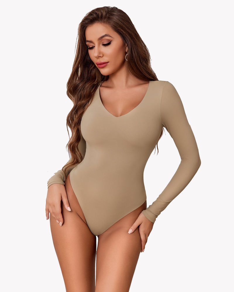 Beige long sleeve V-neck bodysuit, double-lined shapewear, enhancing curves for a confident look.