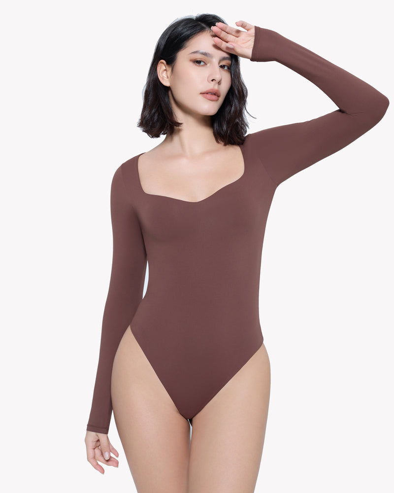 Brown sweetheart neck bodysuit shapewear, long sleeve design for shaping and comfortable fit.