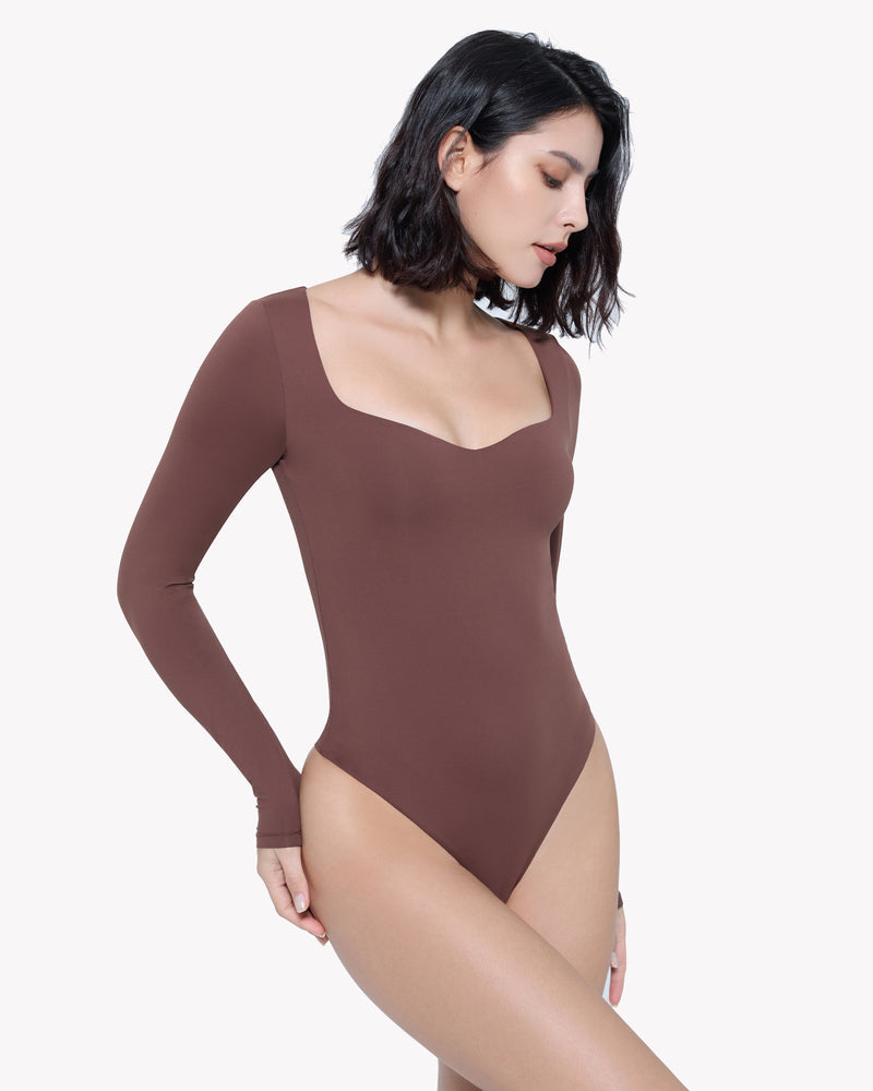 Brown sweetheart neckline long sleeve bodysuit shapewear. Premium comfortable design for shaping.