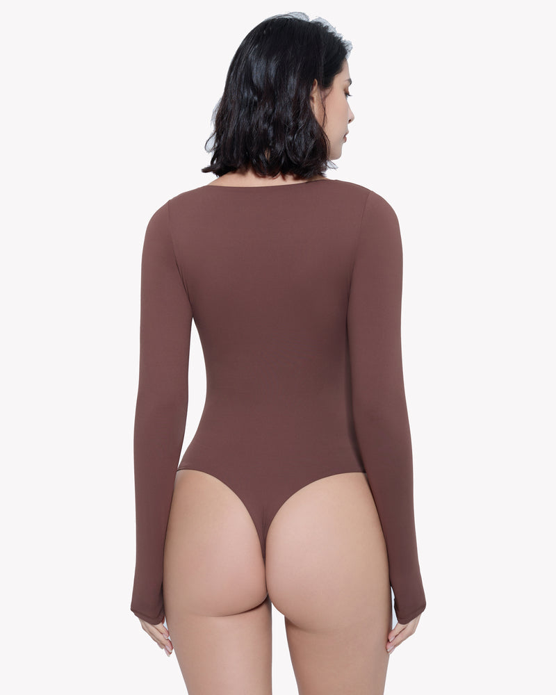 Brown long sleeve shapewear bodysuit with sweetheart neckline, premium comfort