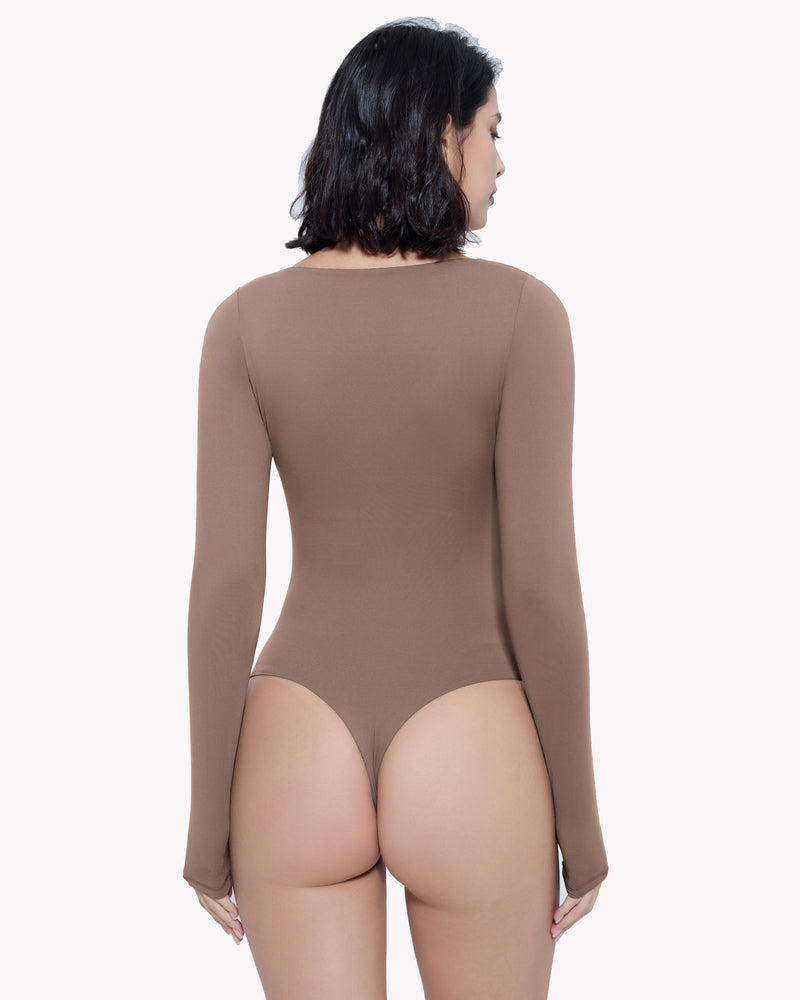 Brown long sleeve bodysuit shapewear. Sweetheart neckline design for shaping and premium comfort.