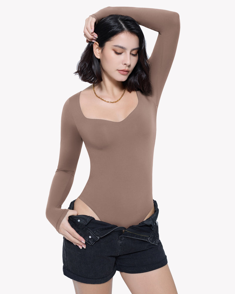Brown sweetheart neckline long sleeve bodysuit shapewear, comfortable design, paired with shorts