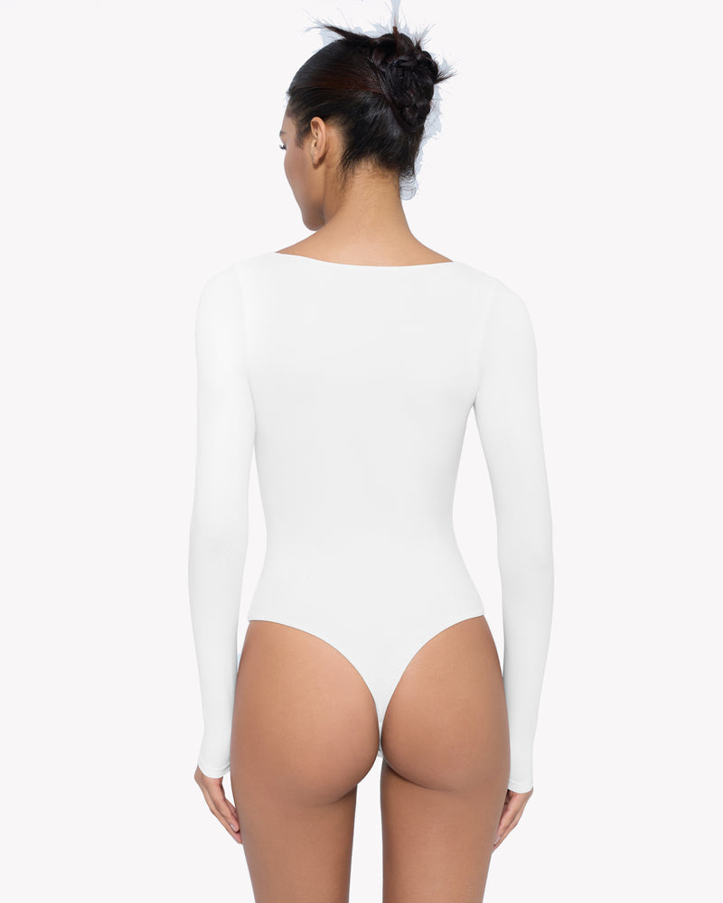 White long sleeve scoop neck bodysuit shapewear. Comfortable design for shaping and premium comfort