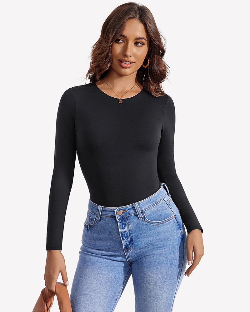 Black long-sleeve thong bodysuit, slim fit, double-lined, crew neck