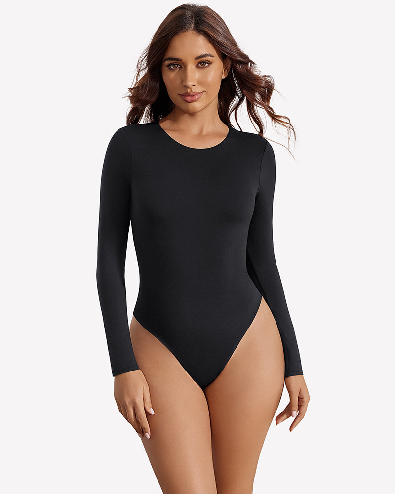 Black long-sleeve slim-fit thong bodysuit, double-lined