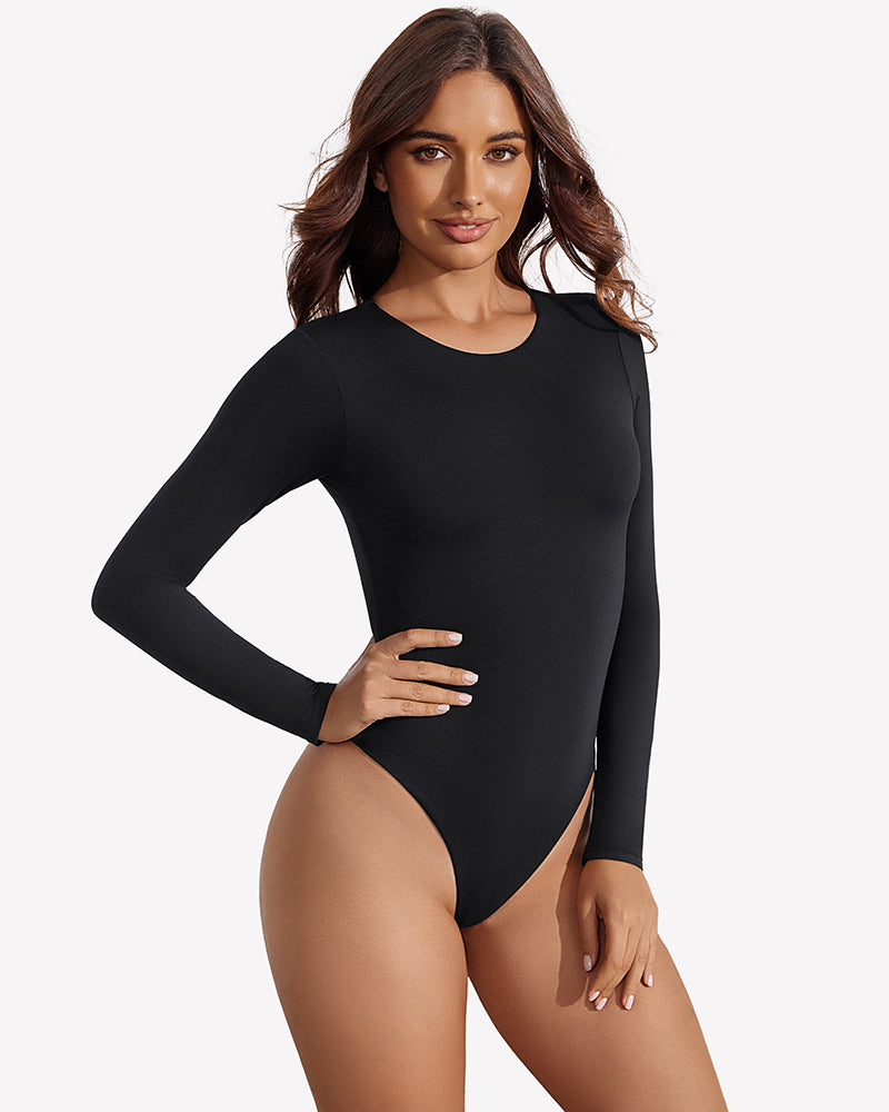 Black long-sleeve thong bodysuit, slim fit, double-lined, front side view