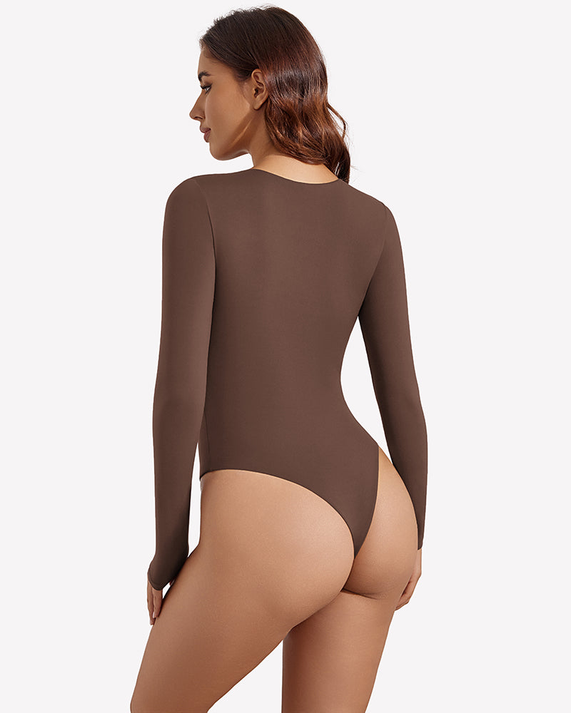 Brown long-sleeve thong bodysuit, slim fit, double-lined, back view