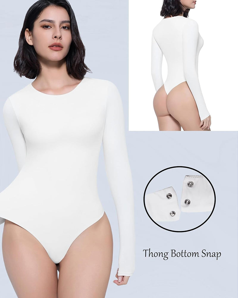 White long-sleeve thong bodysuit with snap closure, slim fit, double-lined