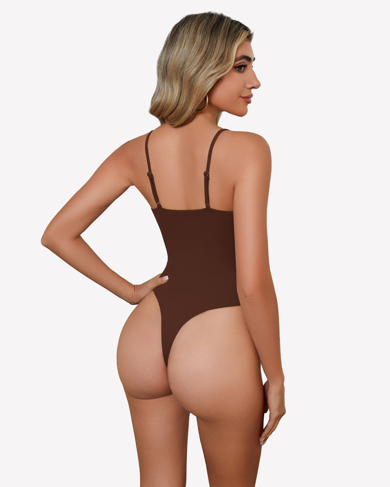 Brown square neck bodysuit with spaghetti straps, backless design, and high-cut thong back.