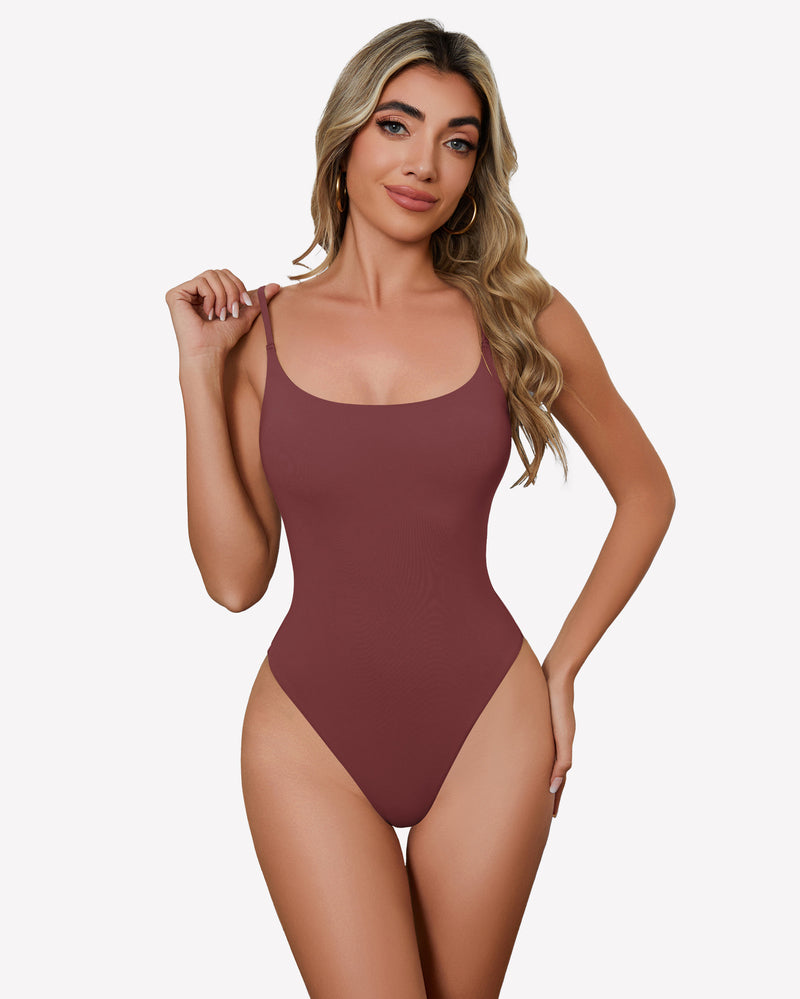 Burgundy square neck bodysuit with spaghetti straps, comfortable and stylish one-piece for women.