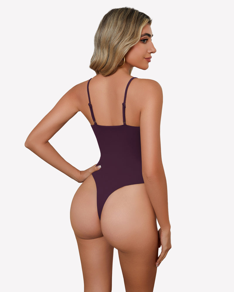 Plum square neck bodysuit with spaghetti straps, backless design, and high-cut thong back for women.