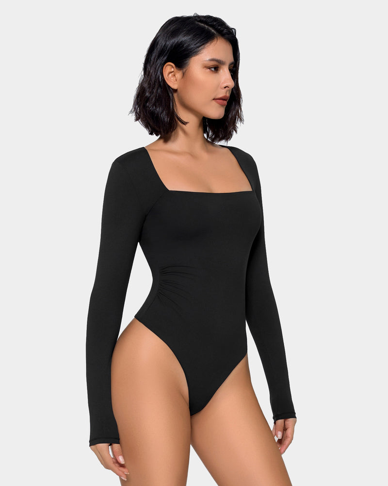 Black square neck double lined shapewear bodysuit, elegant and flattering, long sleeve, shapewear