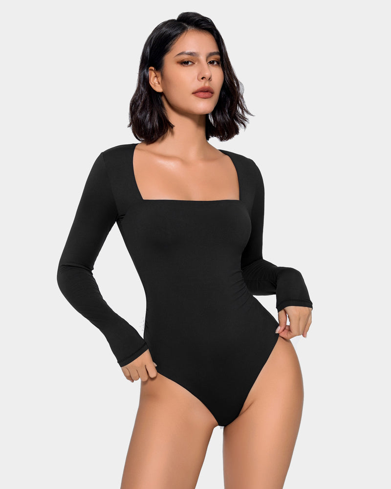 Black square neck double lined shapewear bodysuit, elegant and flattering for women.