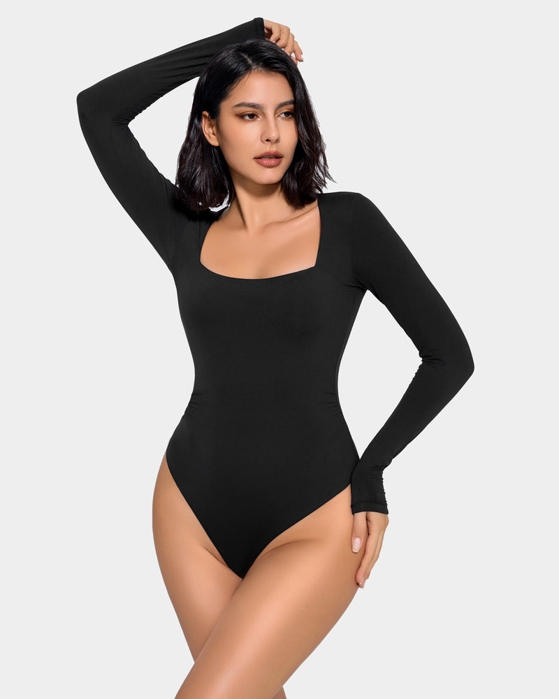 Black square neck bodysuit for women, flattering double-lined shapewear