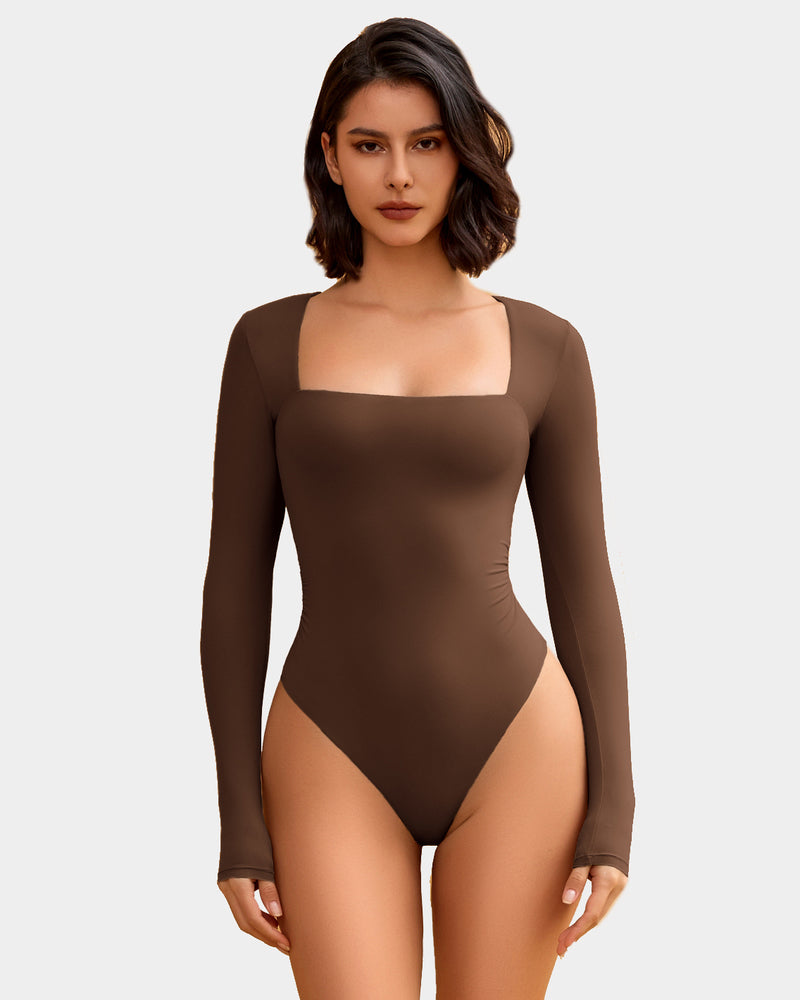Brown square neck long sleeve shapewear bodysuit for women, elegant and flattering design