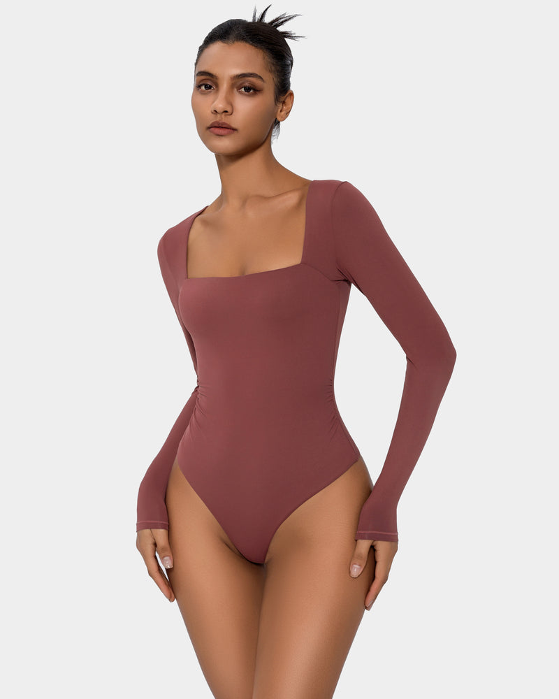 Terracotta square neck bodysuit. Double-lined, long sleeve, elegant shapewear for women.