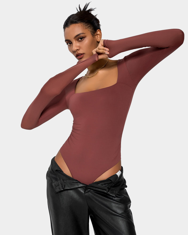 Terracotta square neck bodysuit. Double-lined, long sleeve, elegant and flattering shapewear.
