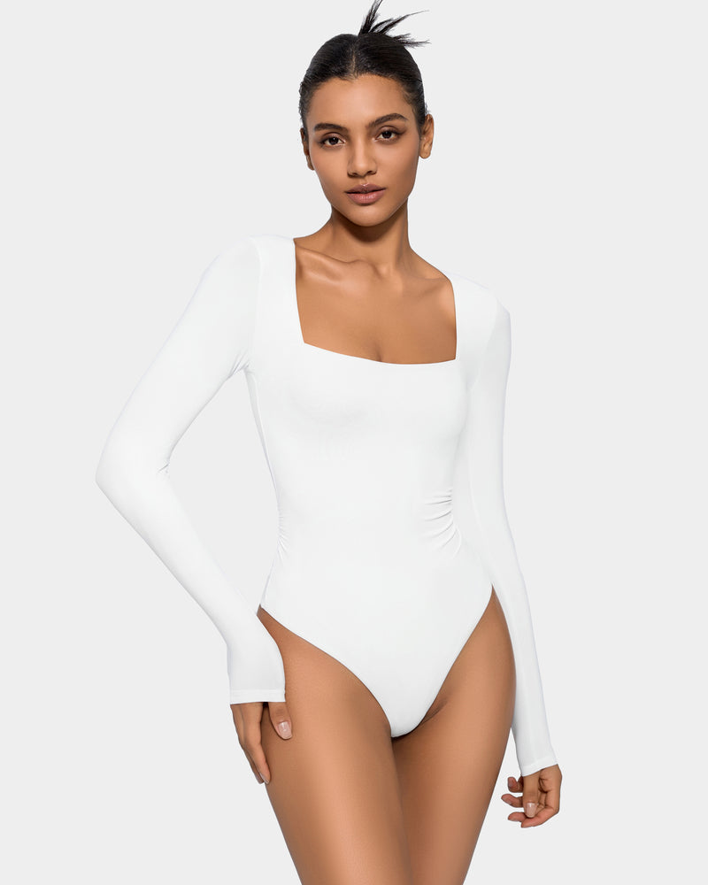 White square neck bodysuit, long sleeves, elegant and flattering shapewear for women.