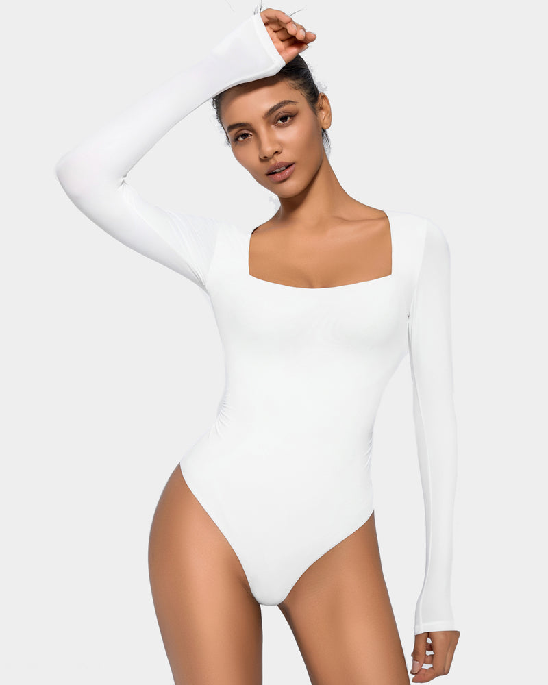White square neck bodysuit. Double-lined, long sleeve, elegant shapewear for women.