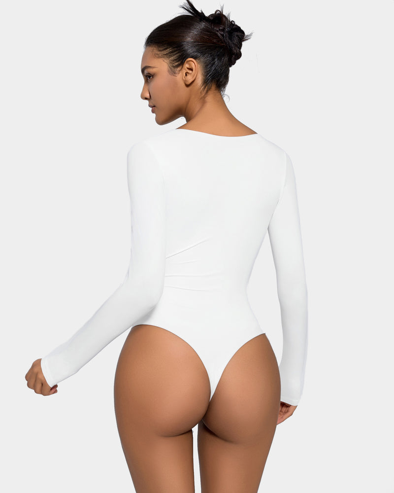 White square neck long sleeve shapewear bodysuit, elegant and flattering design, women's shapewear.