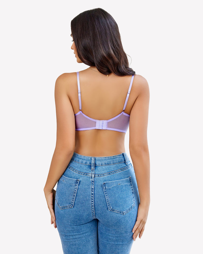 Avidlove lavender lace push-up bra, sheer, with denim jeans, feminine lingerie