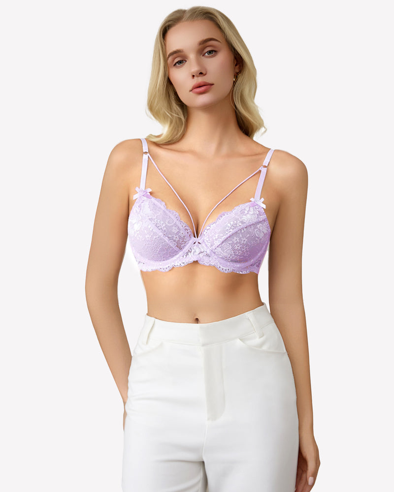 Lavender lace strappy bra with underwire support and see-through design. Sexy lingerie for women.