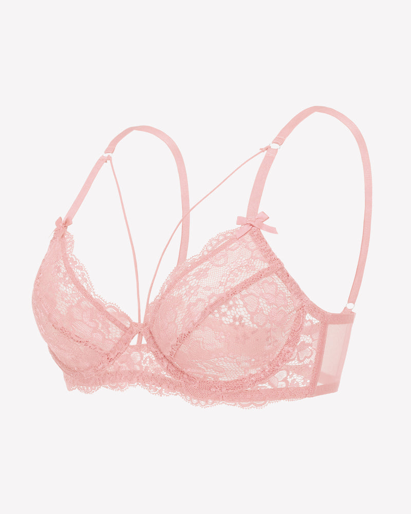 Pink lace unlined strappy bra with adjustable straps and underwire support. Sexy lingerie for women.