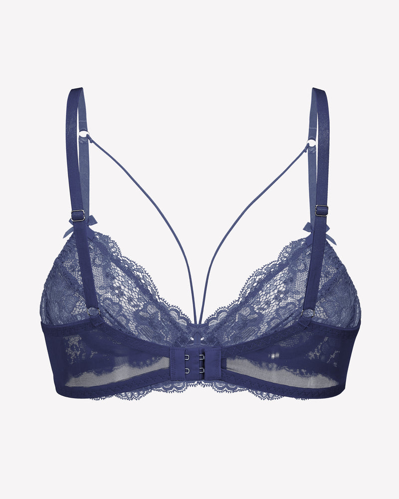 Navy blue lace strappy bra with underwire. Sexy lingerie.