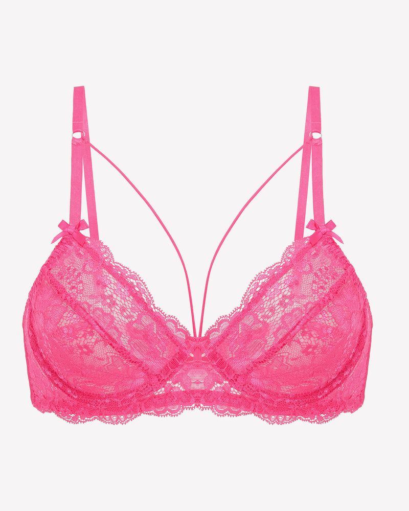 Pink lace unlined strappy bra with adjustable straps and underwire support, perfect for a sexy look.