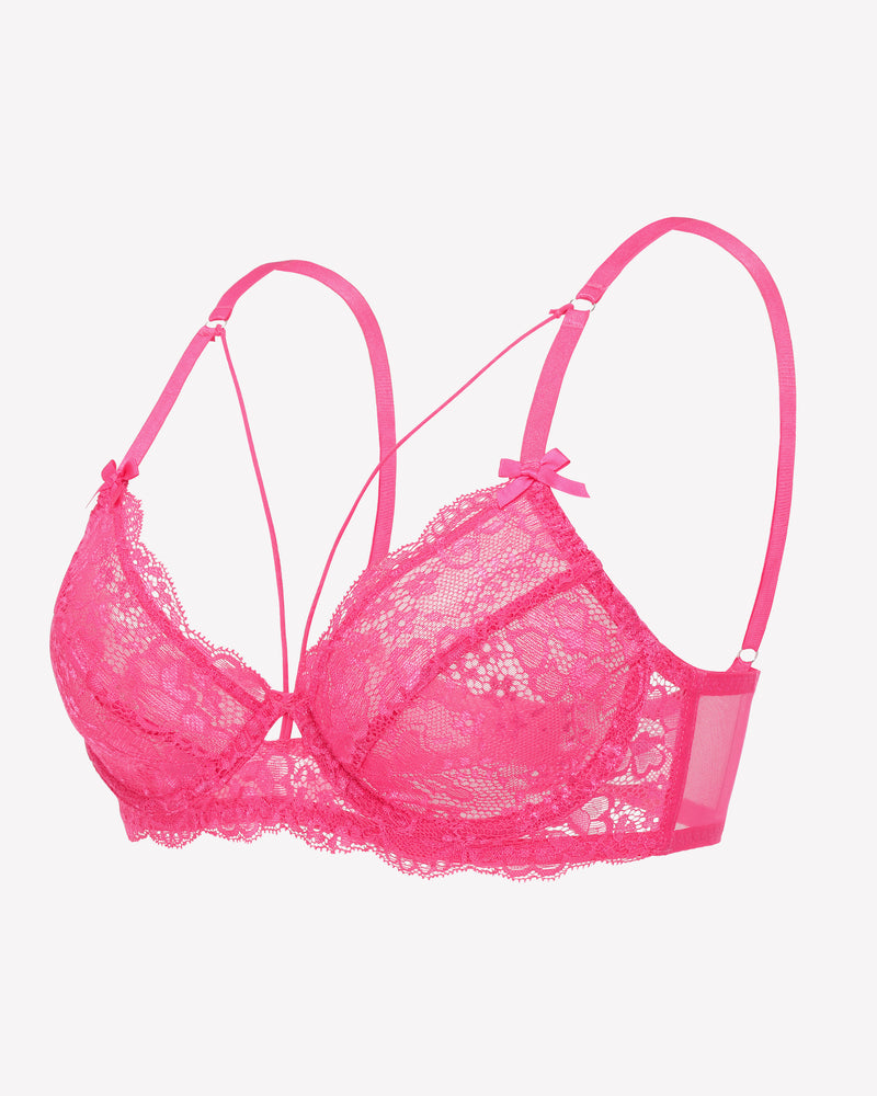 Pink lace unlined strappy bra with adjustable straps and underwire support.