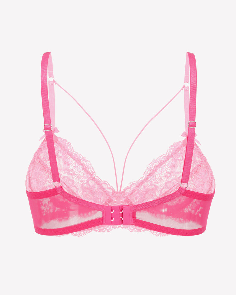 Pink lace unlined strappy bra with adjustable straps and underwire support