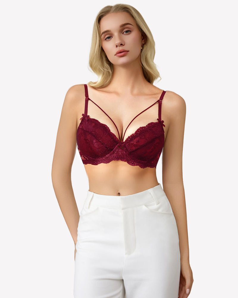 Burgundy lace strappy bra with underwire and see-through design. Sexy lingerie for women.