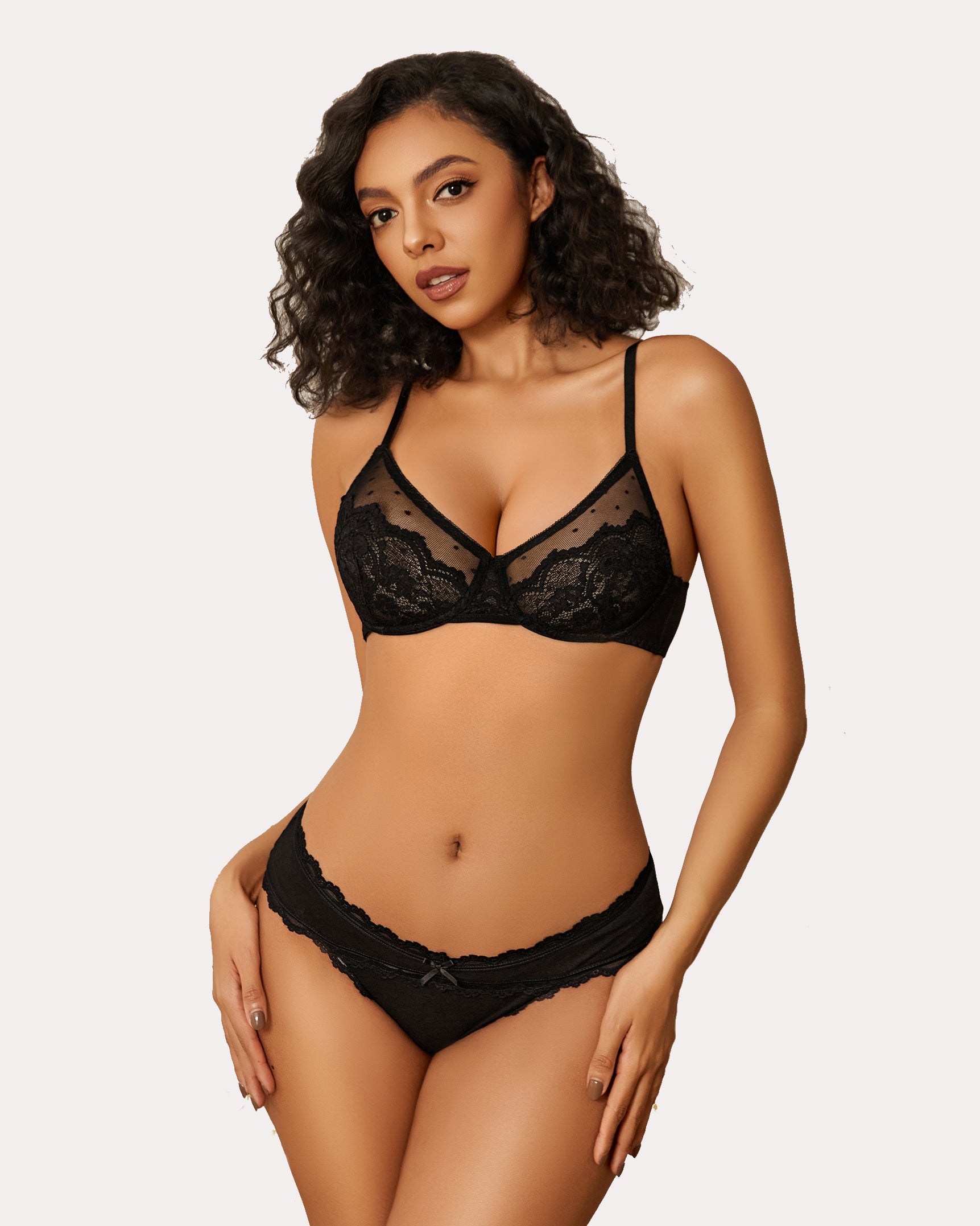 Black minimizer bra and panty set with floral lace and sheer design for large breasts, lingerie