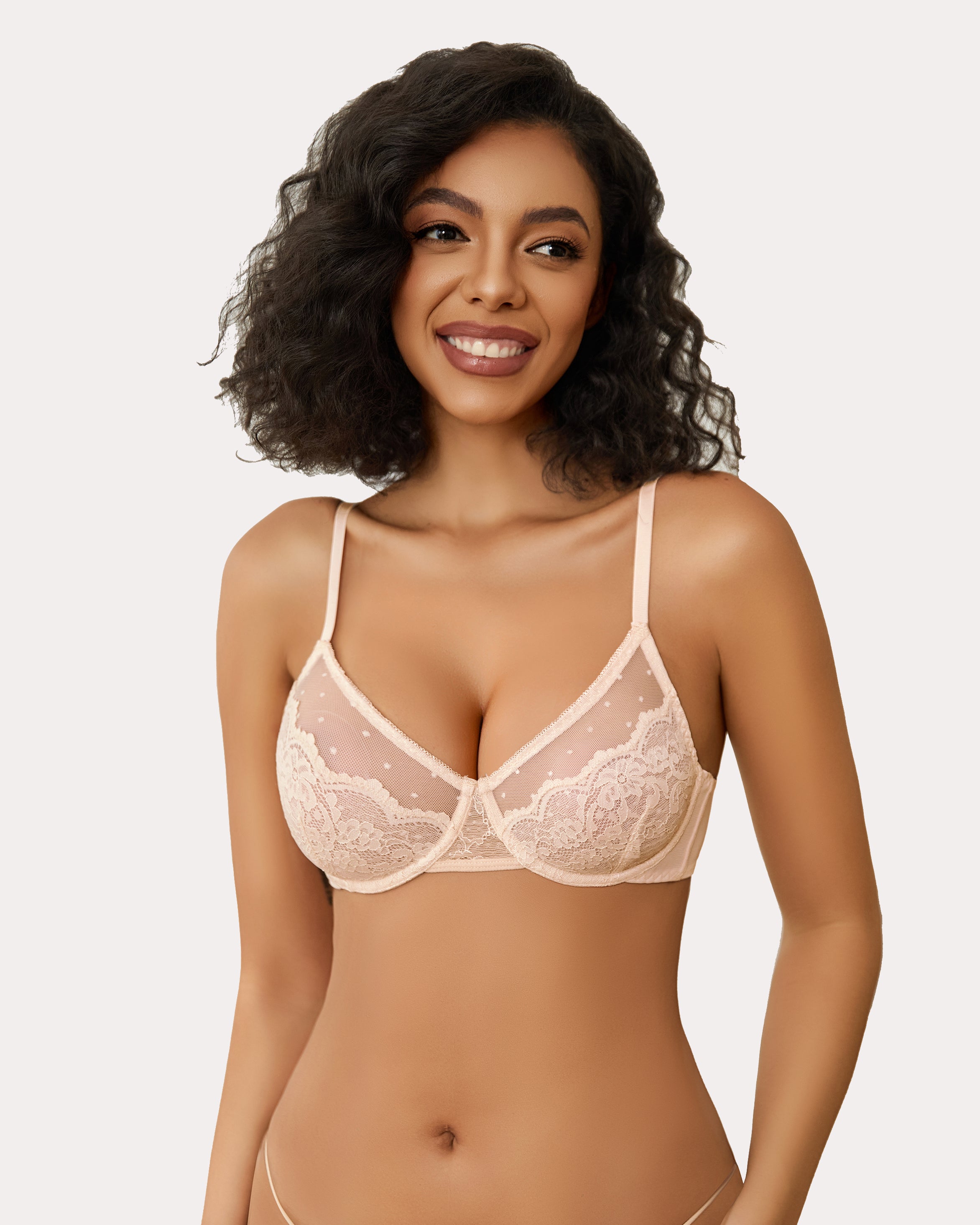 Peach minimizer bra with floral lace and sheer design for large breasts. Sexy lingerie.
